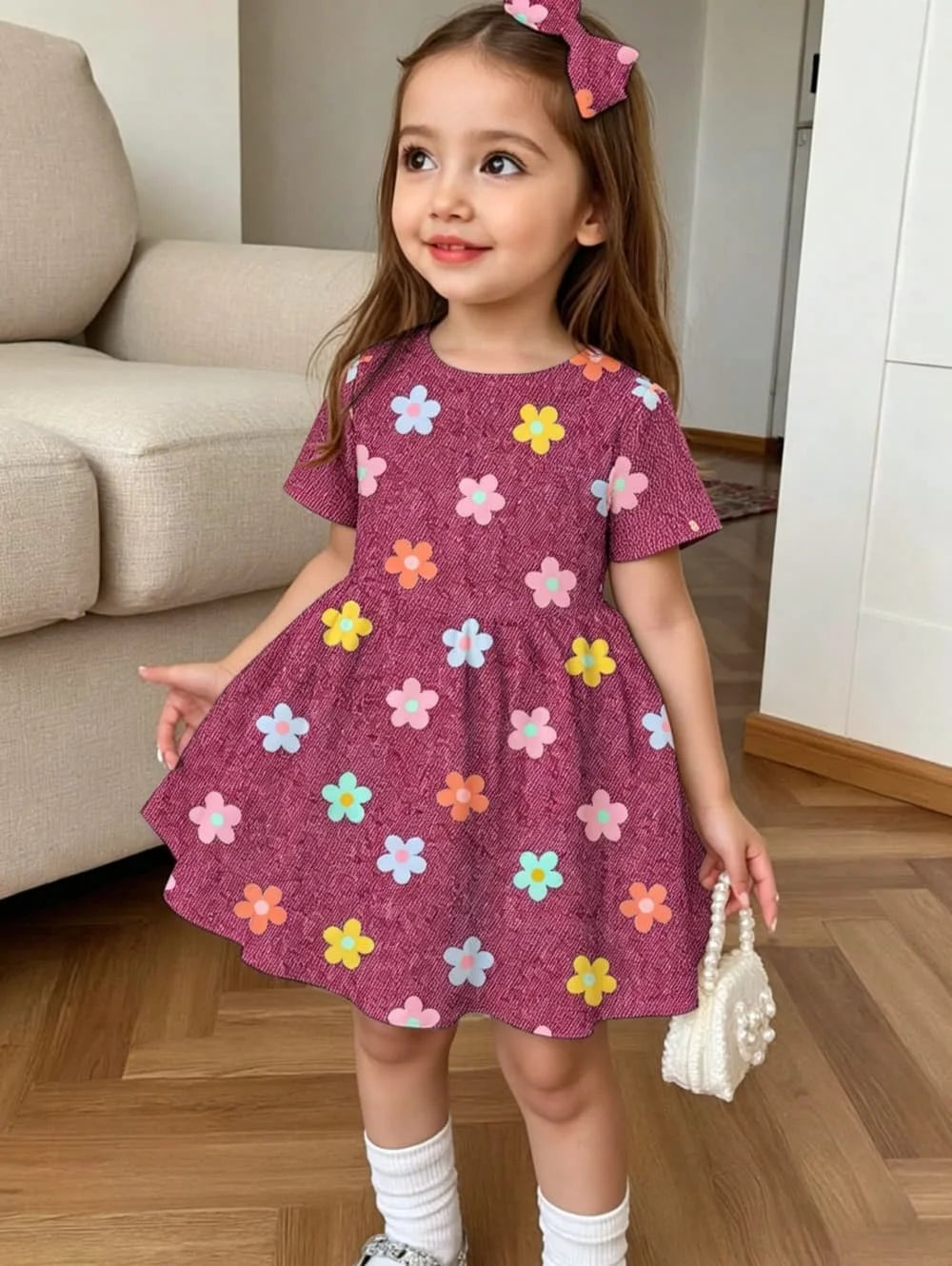 Cute Polka Dot Bow 3D Print Dress for Girls Casual Short Sleeve Dress C