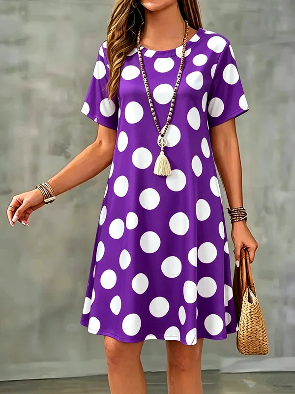 Summer Women Dress Polka Dots Print Short Sleeve O-Neck  A-Line Dress
