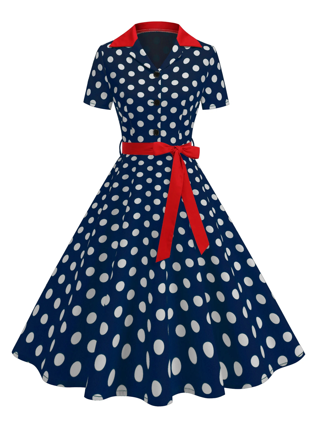 Tonval Contrast Notched Collar and Belt Polka Dot 50s Women Dresses