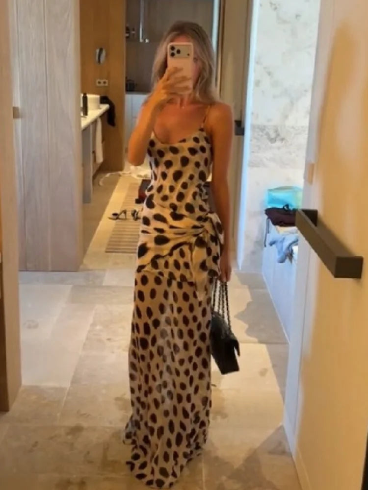 Sexy Polka Dot Print Sling Maxi Dress Women Fashion V-neck Spaghetti Strap