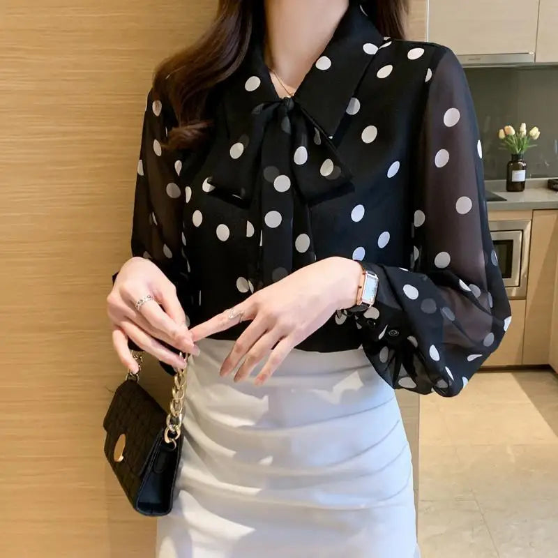 Spring Summer Polka Dot Printing Chiffon Shirt Women Fashion Tops