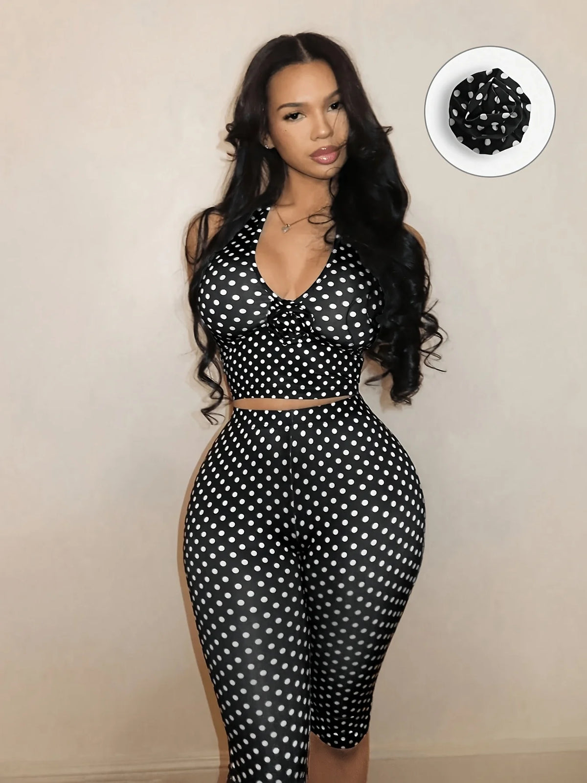 Sexy Black White Polka Dot Hanging Neck Suit Women's Fashionable Clothing Set