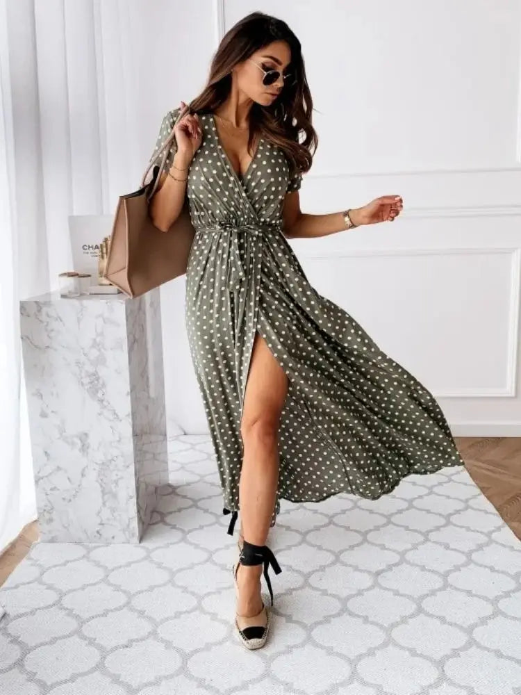 Womens Summer Fashion Maxi Dress Short Sleeve V-Neck Ladies Polka Dot Dress