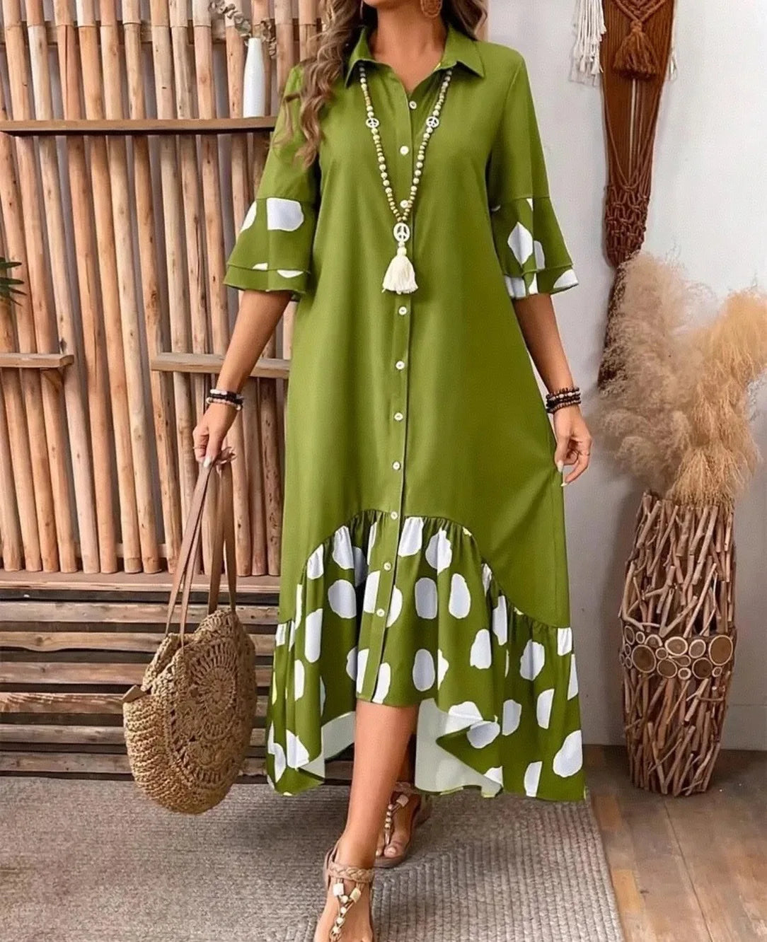 Polka Dot Lapel Shirt Dress with Flared Sleeves