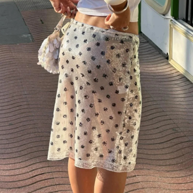 Women Sequin Polka Dot Sexy Mesh Beach Cover Up Skirts