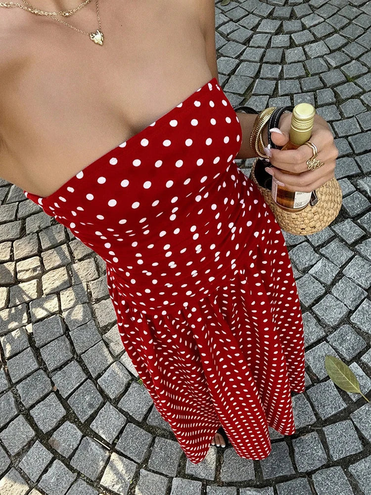 Fashion Sleeveless Hollow Out Vacation Dress Summer Strapless High Waist