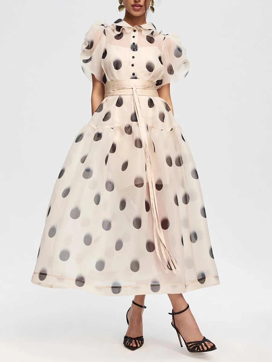 LIMO French Elegant See Through Polka Dot Dress Puff Sleeve Lapel High Waist