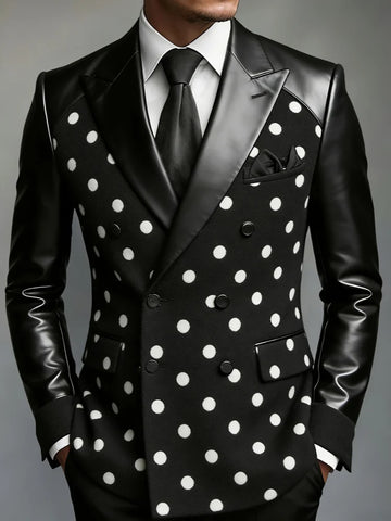 Mens Polka Dot Spliced Double Breasted Tuxedo Jacket Faux Leather Lapel