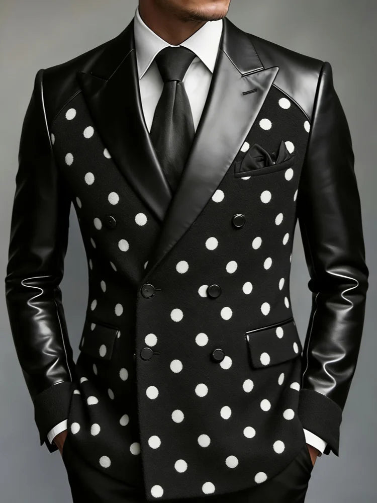 Mens Polka Dot Spliced Double Breasted Tuxedo Jacket Faux Leather Lapel