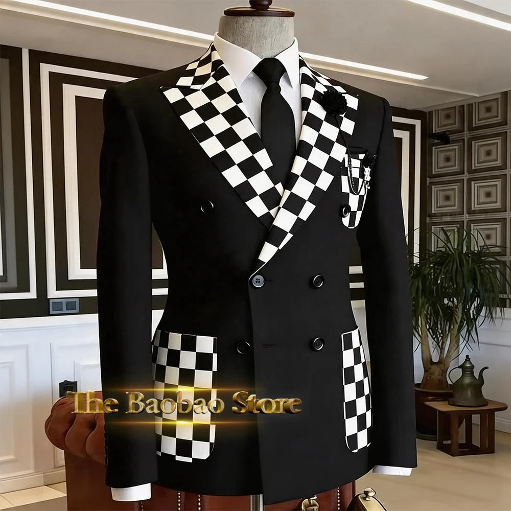 Stylish Men's Suit Black White Checkerboard 2pcs Double Breasted Blazer Pants Custom Slimming Set Wedding Banquet Party Tuxedo