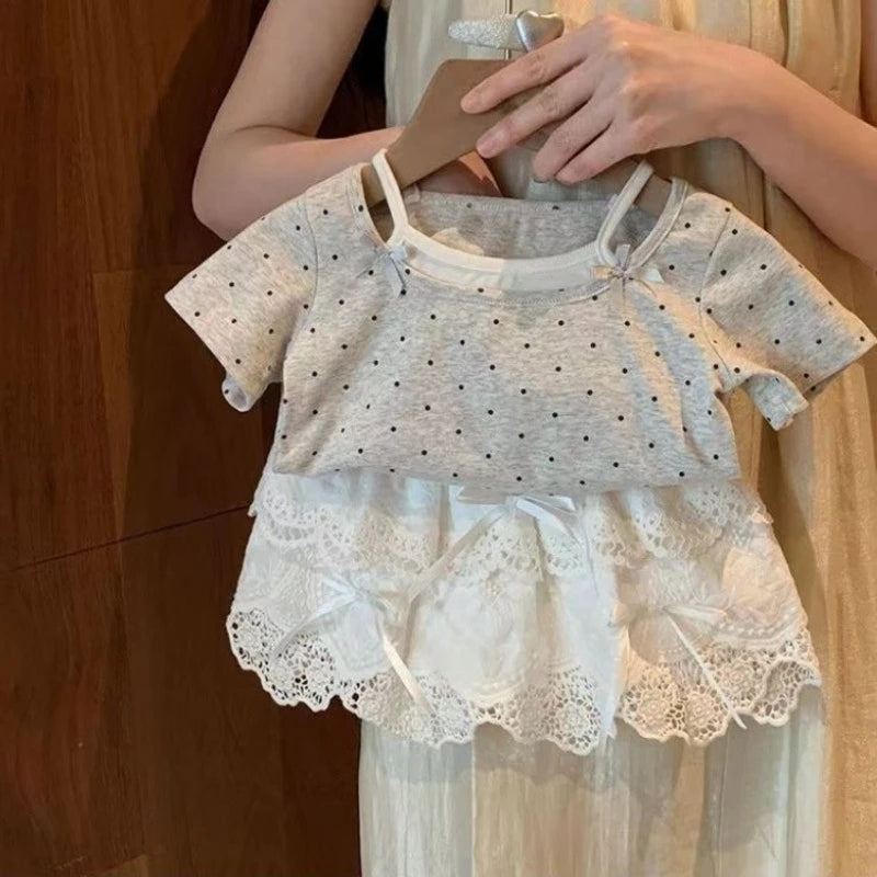 Girls Cute Polka Dot T-Shirt Summer Casual Short Sleeve