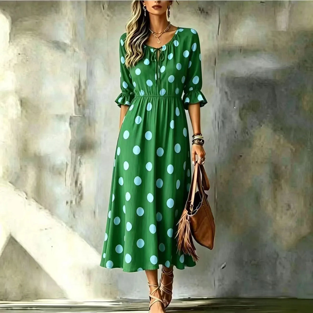Women's New Dress Summer Boho Fashion Waist O-neck Lace-up Slimming