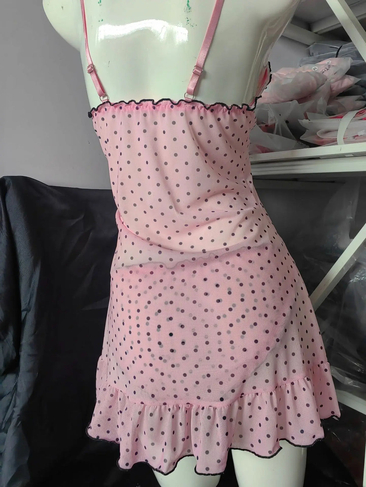 Ladies Sexy Pink Deep V Neck Polka Dot Stretch Mesh Camisole Nightdress With Matching Panties Sleepwear Lingerie Set