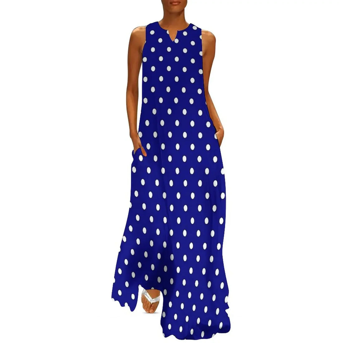 Red And White Polka Dots Print Women Dress  Elegant Maxi Dress V-Neck Sleeveless Beach Casual Long Dress Summer Loose Vest Robe