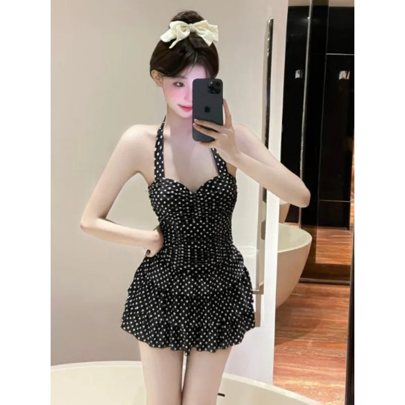 Sweet Red Polka Dot Halter One Piece Swimsuit Dress