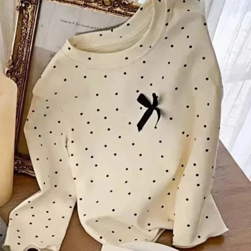 Kid T-shirt Polka Dot Black Bow Long Sleeve Base Shirt Spring