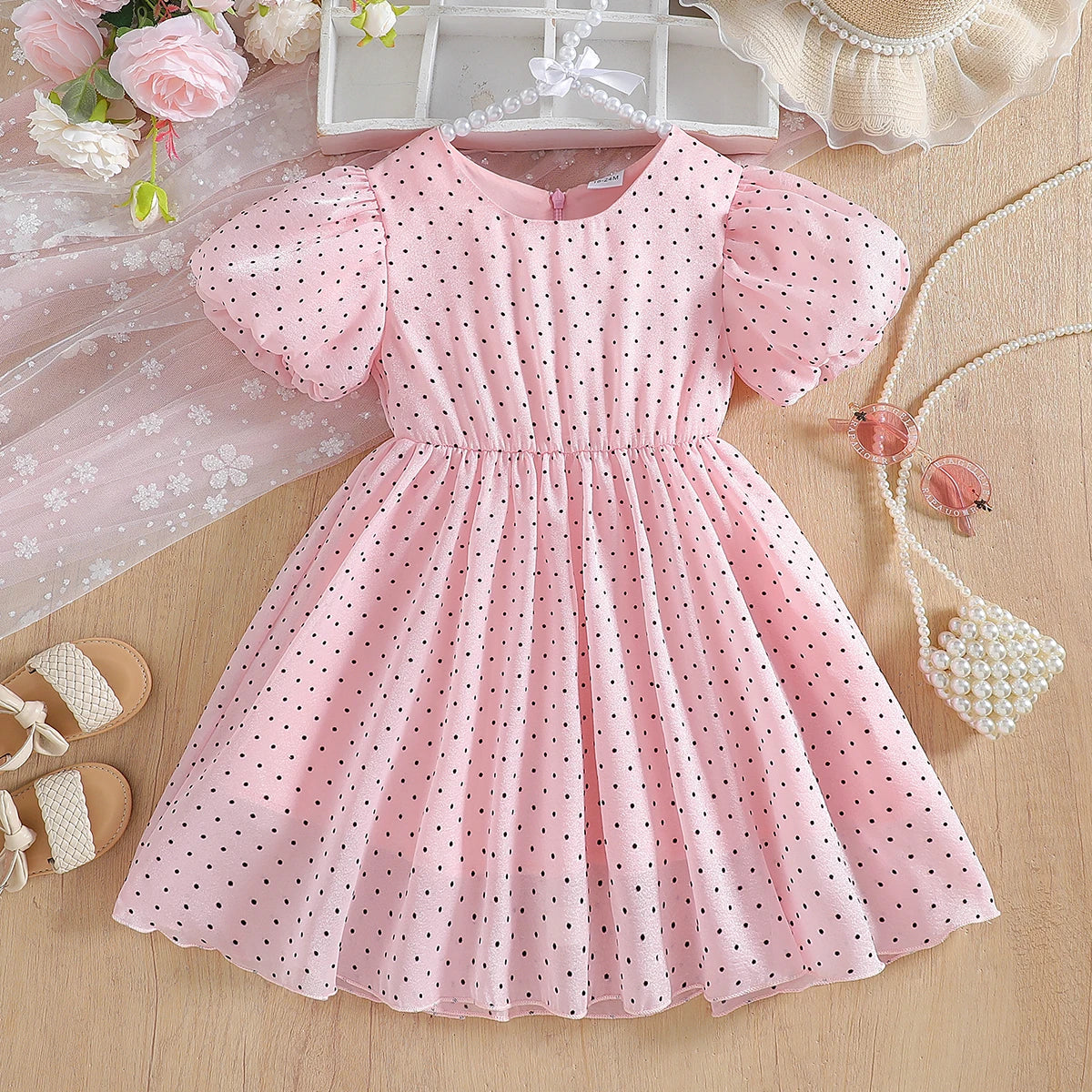 Puff sleeves Toddler Girl Summer Children Polka dots Dresses