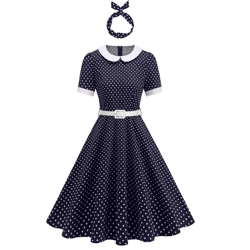 Women Retro Lapel Polka Dot Dress With Belt Rockabilly Evening Party Cocktail