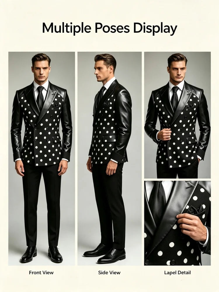 Mens Polka Dot Spliced Double Breasted Tuxedo Jacket Faux Leather Lapel