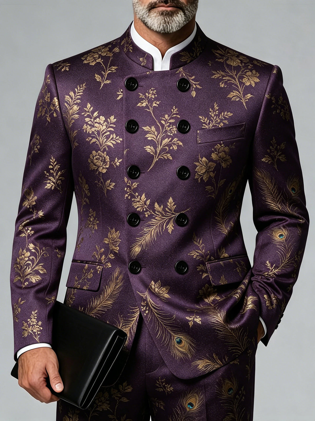 Men Plus Size Luxury Classic Blazer Mandarin Collar Polka Dot Double Breasted Long Sleeve Slim Business Party Outerwear Jacket