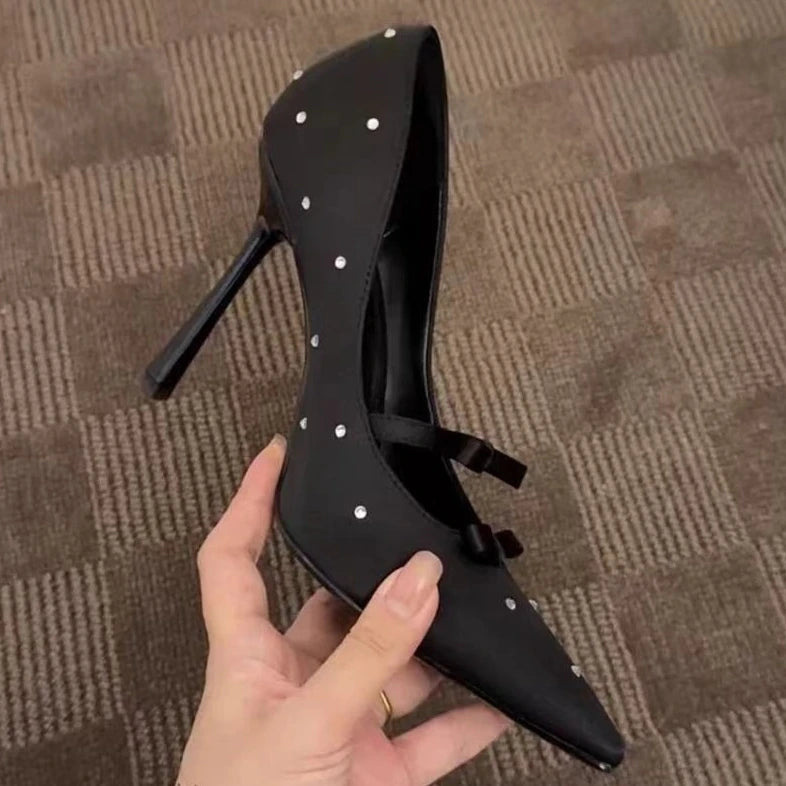 Polka Dot French Bow Square Head Black Rhinestone