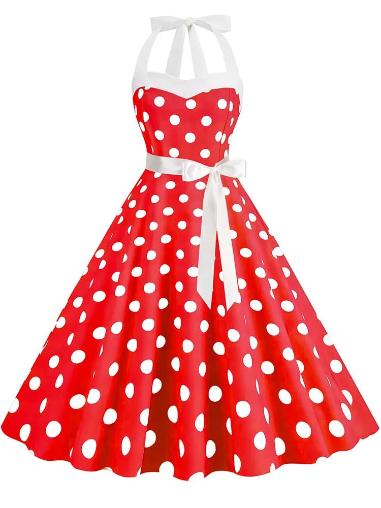 Women Summer Party Dress With Belt Polka Dot Print Halter Hepburn