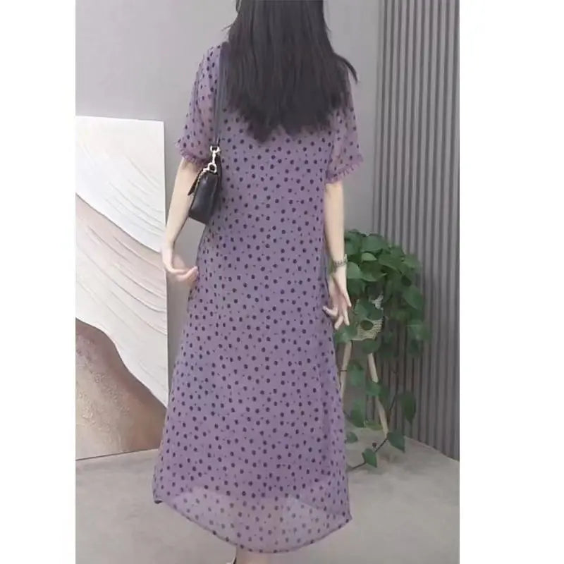 Elegant O-Neck Printed Polka Dot Chiffon Short Sleeve Dress