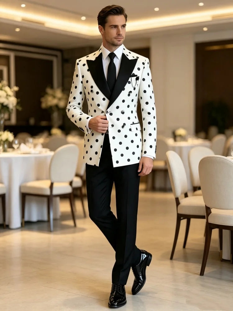 Men's White & Black Polka Dot Double-Breasted Blazer