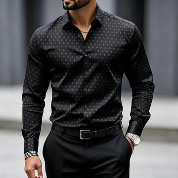 High end black fine geometric polka dot shirt for men slim fit long sleeved business suit