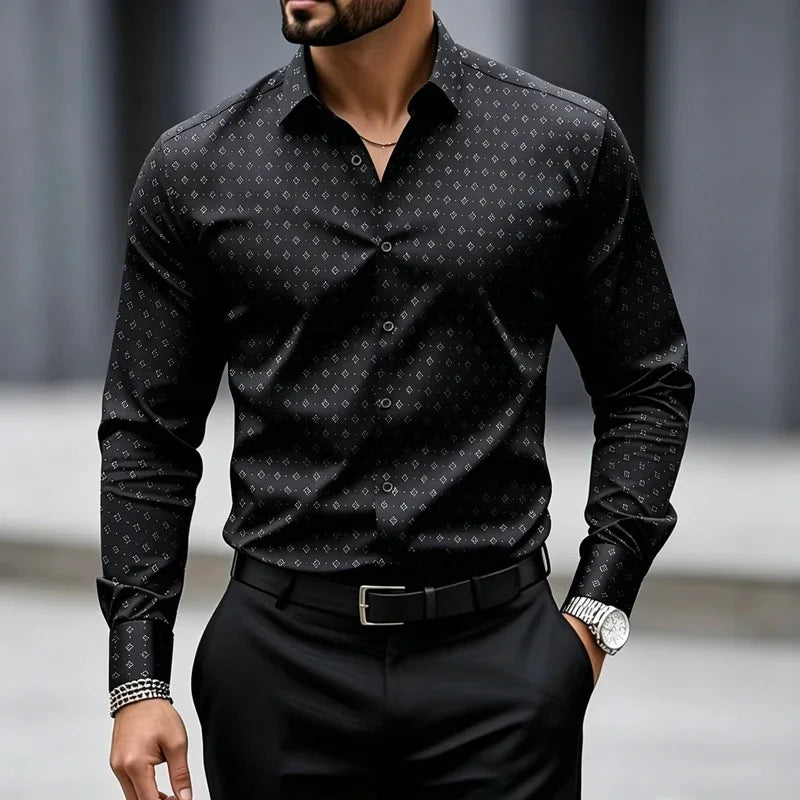 High end black fine geometric polka dot shirt for men slim fit long sleeved business suit