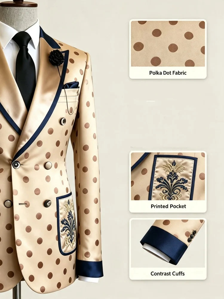 Men Dark Blue Piping Peak‑Lapel Double‑Breasted Polka‑Dot Slim‑Fit Wedding