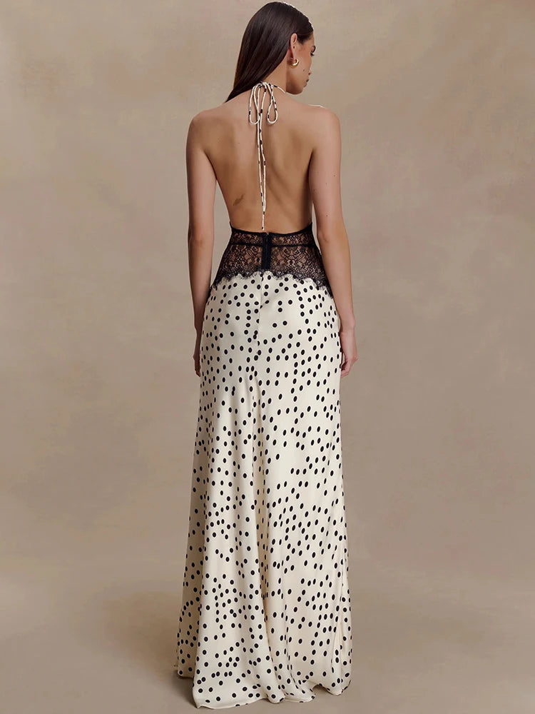 Mozision Polka Dot Backless Sexy Maxi Dress Women Gown Elegant Patchwork