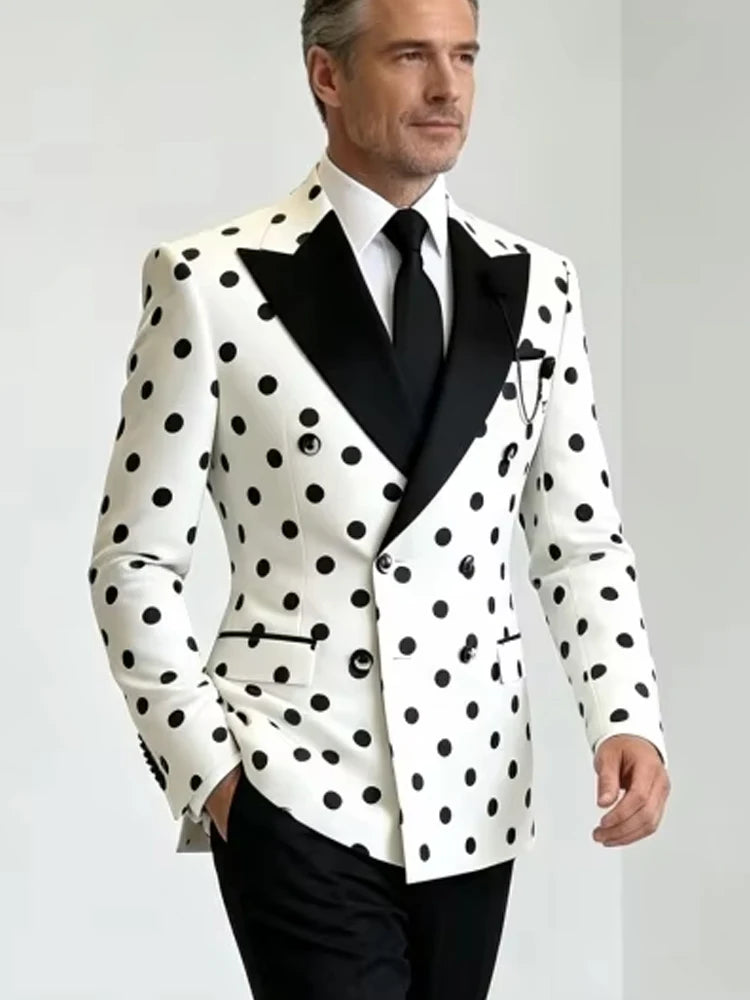 Men's White & Black Polka Dot Double-Breasted Blazer