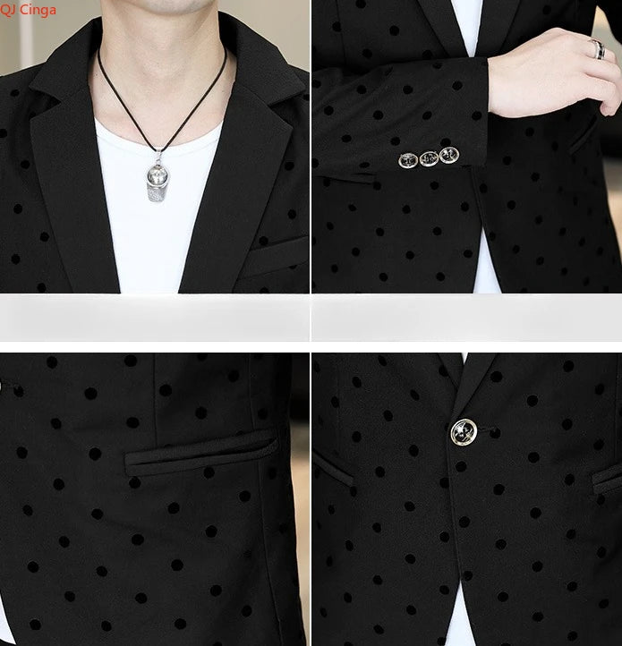 Men's Brown Long-Sleeve Suit Jacket Polka Dot Pattern Decorated Outerwear
