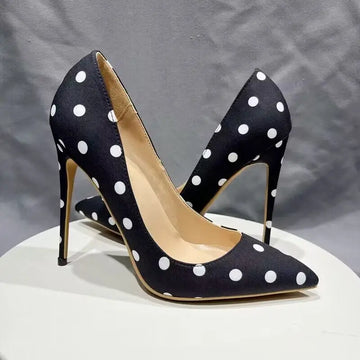 Tikicup Polka Dot Women Black Satin Stiletto High Heels with Bowknot Chic