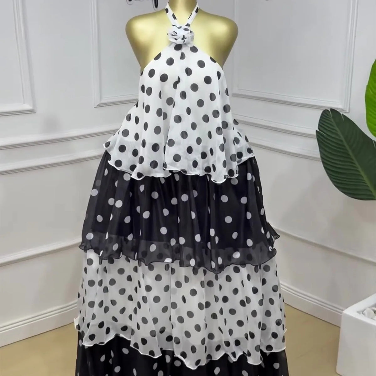 Polka Dot Tiered Maxi Dress Halter Neck 3D Flower Chiffon Ruffle Layered
