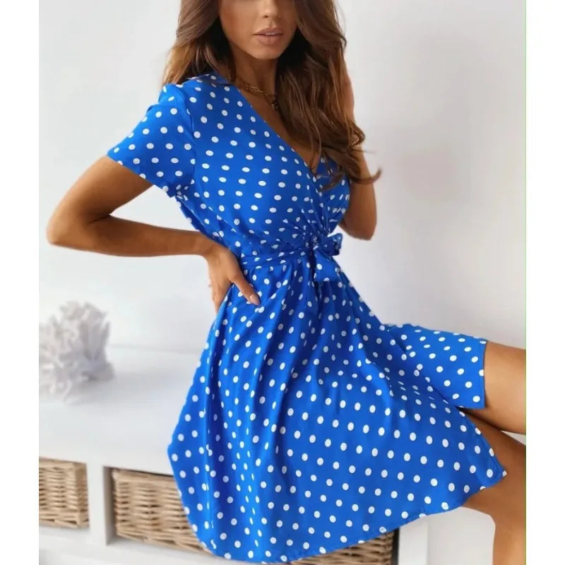 Summer Women's Polka Dot Printed Short Sleeved Casual Dress Fashionable V-neck