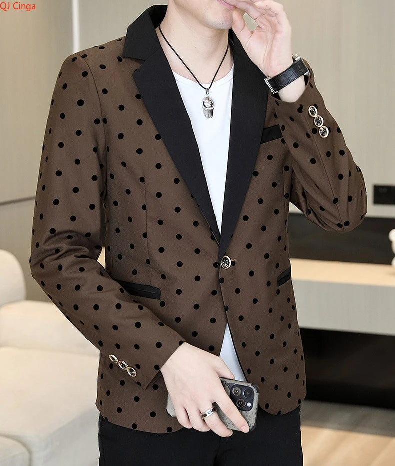 Men's Brown Long-Sleeve Suit Jacket Polka Dot Pattern Decorated Outerwear