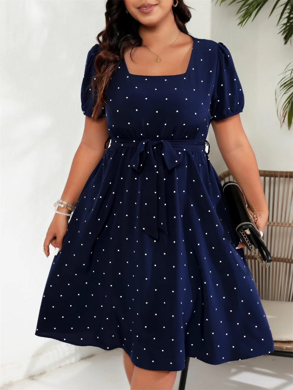GIBSIE Plus Size Square Neck Polka Dot Belted Dress Women's Elegant Retro