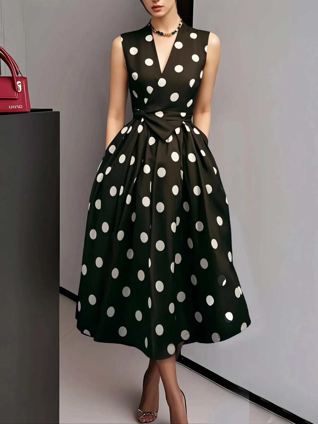 Summer Dresses for Women Sleeveless Retro French Polka Dot V-Neck