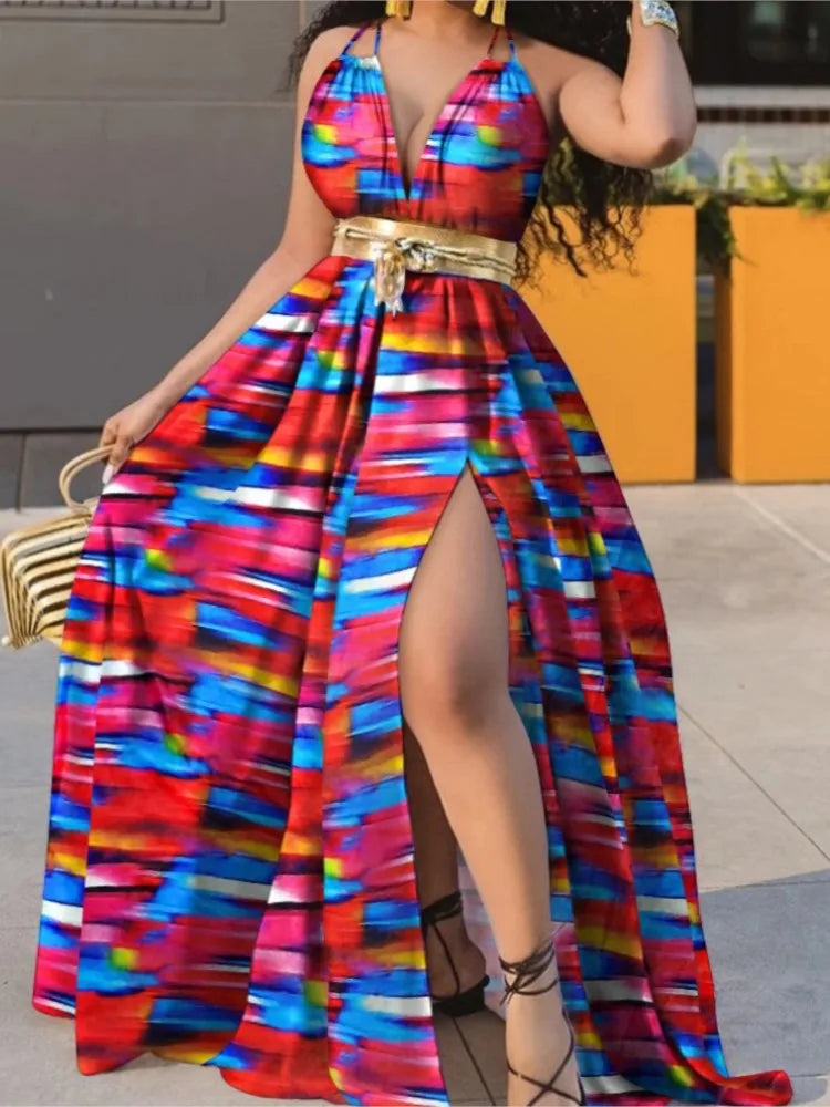 Sexy Deep V Neck Polka Dot Long Dress For Women Summer Boho Sleeveless