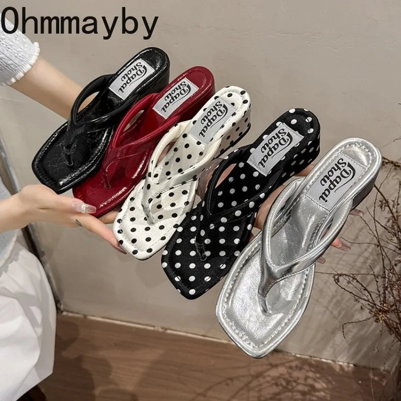 Designer Summer Polka Dot Women Slippers Concise Wedges Heel Dress