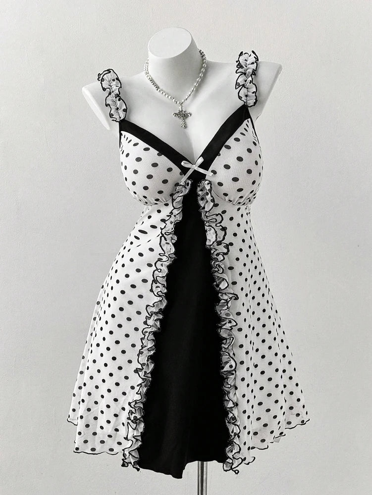 Plus Size Y2K Polka Dot Dress, Ruffle Trim Bow Front Cami Mini Dress