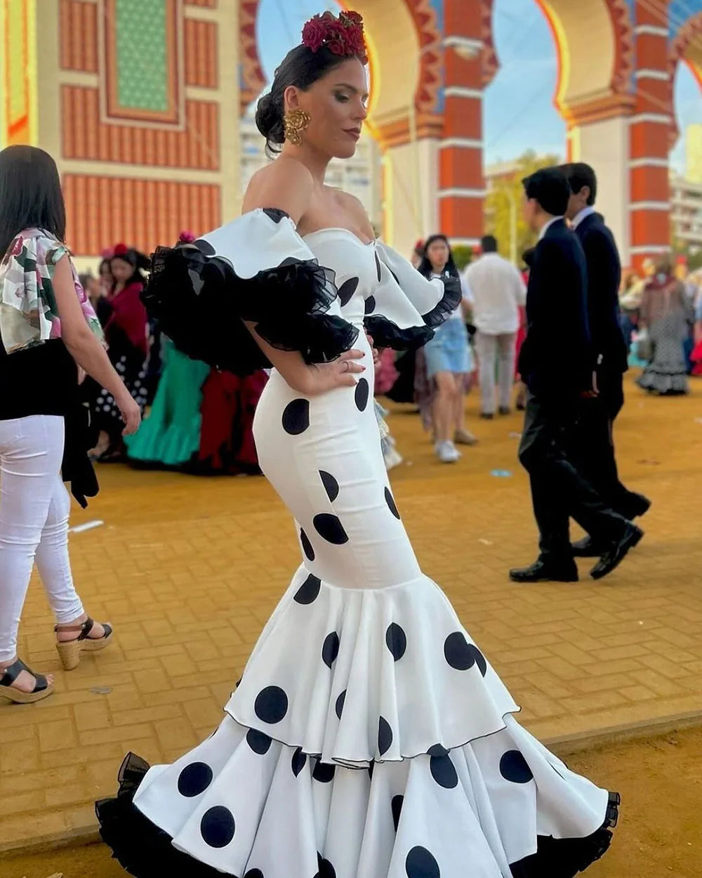 Customized Modern Evening Dress Long Sleeves Polka Dot Spanish Prom