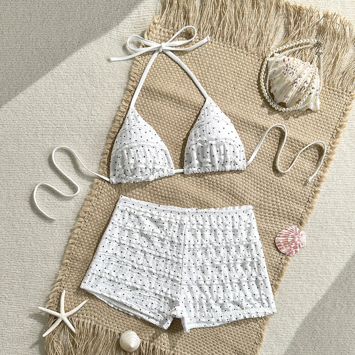 Women's White Polka Dot 2 Piece Bikini Set Textured Ruched