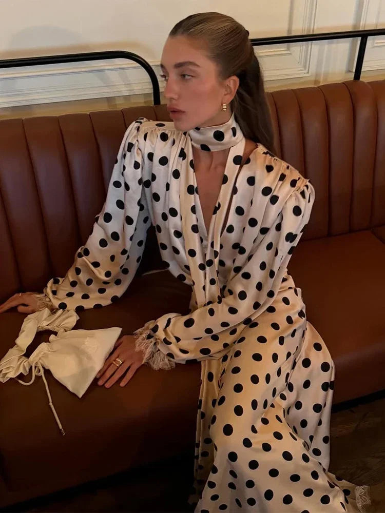 Polka Dot Skirt 2 Piece Set Women Elegant Scarf Long Sleeve