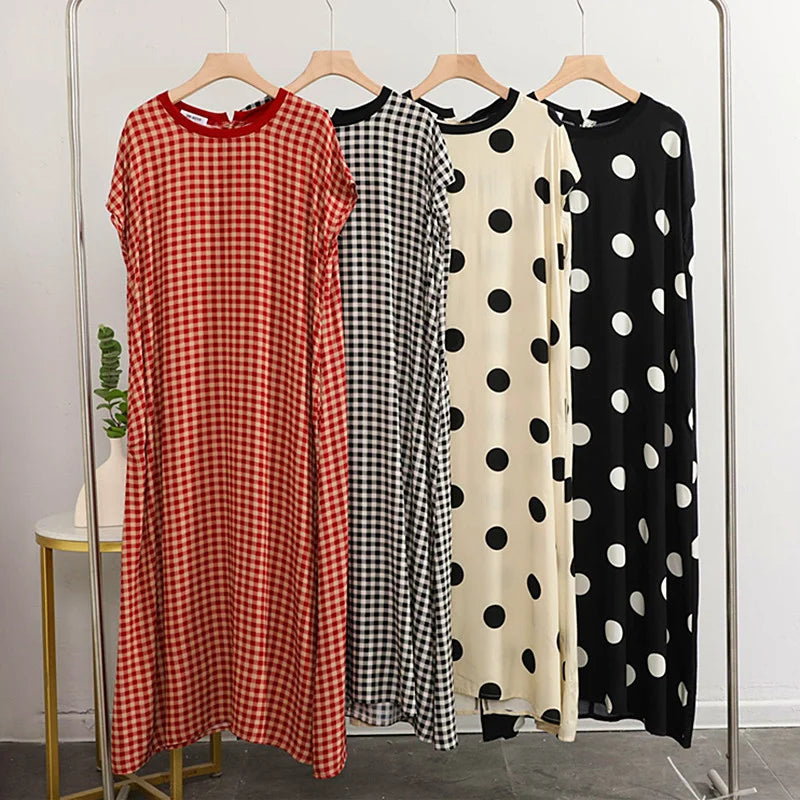 Fashion Plaid And Dot Night Dress Women Loose Cotton Short Sleeve Sleepwear Nightgowns Summer Ladies Nightwear Sleeping Clothes