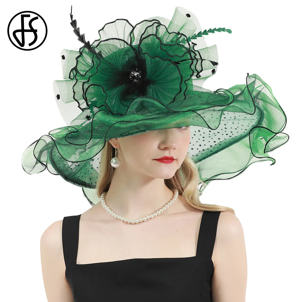 FS Green Kentucky Derby Hat Women Organza Polka Dot Visor Cap