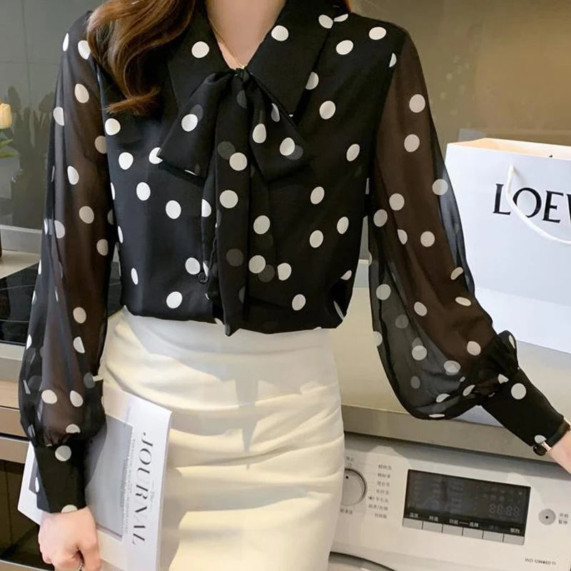 Spring Summer Polka Dot Printing Chiffon Shirt Women Fashion Tops