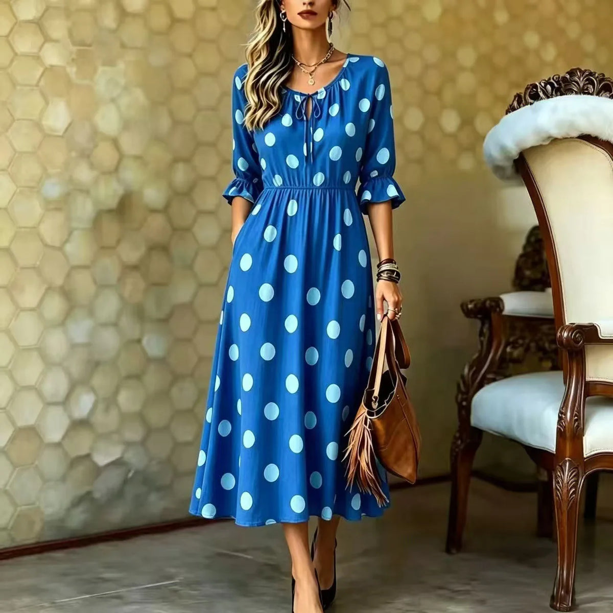 Women's New Dress Summer Boho Fashion Waist O-neck Lace-up Slimming